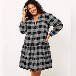 LOFT Plus Plaid Puff Sleeve Swing Dress 16W Black Plaid